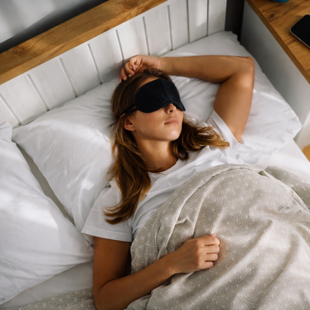 Frau liegt mit Schlafmaske im Bett – Symbolbild für Lichtkontrolle und stabilen Schlafrhythmus.