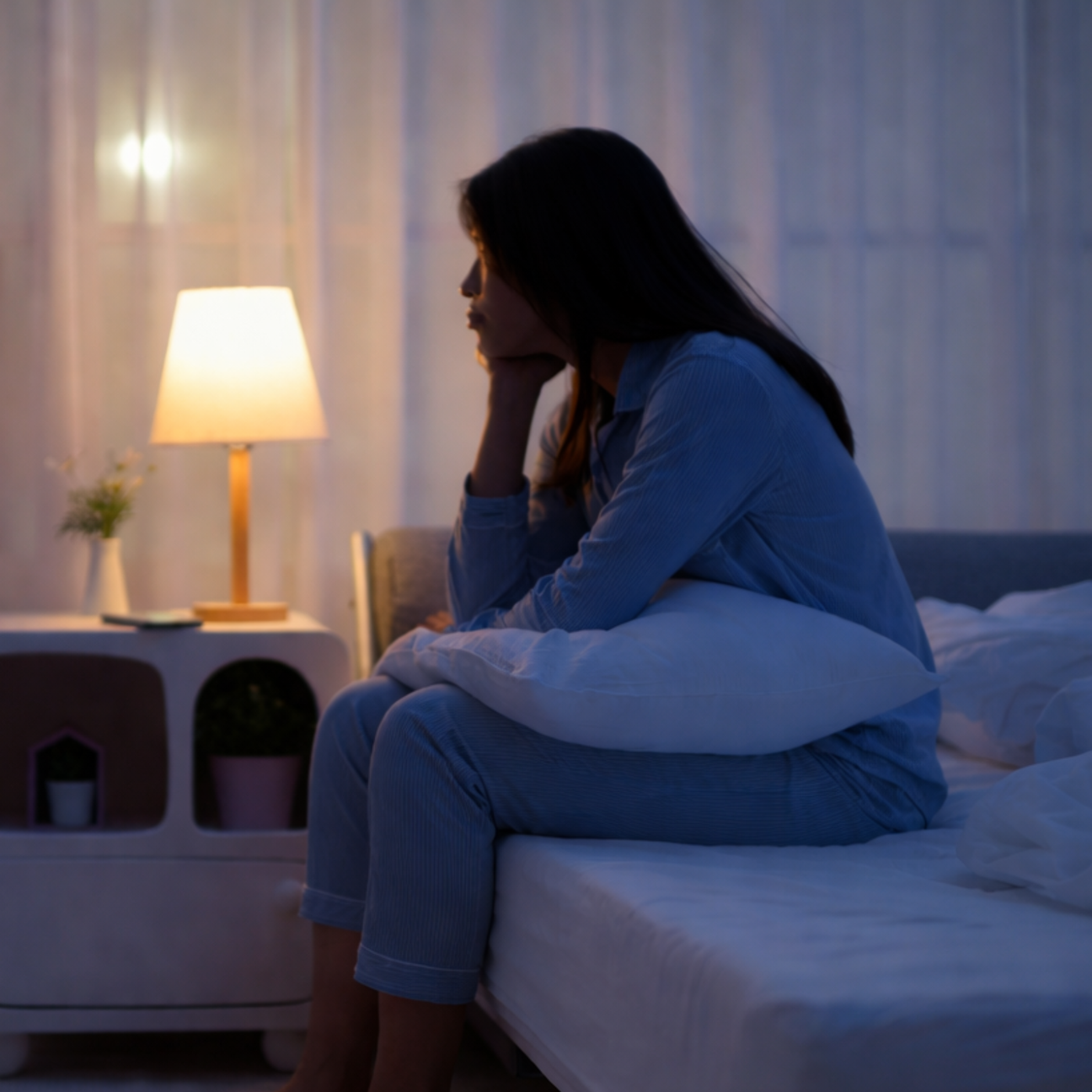 Frau sitzt nachts wach im Bett bei gedimmtem Licht – Symbolbild für nächtliches Aufwachen und Schlafunterbrechungen.