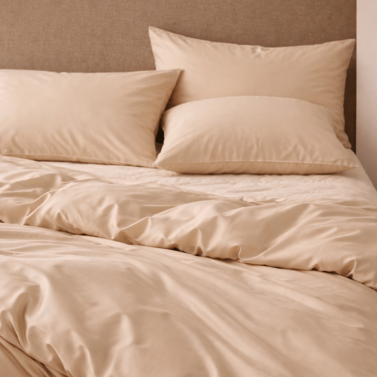 Beige Bettwäsche aus TENCEL™ Lyocell mit glatter Oberfläche – atmungsaktives Set für ein ausgeglichenes Schlafklima.