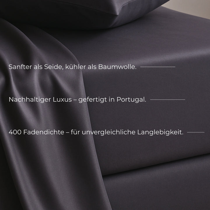 Graues Spannbettlaken aus luxuriösem TENCEL™ Lyocell von Natural Nights, gefertigt in Portugal, 400 Fadendichte – sanfter als Seide, kühler als Baumwolle, für unvergleichliche Langlebigkeit.